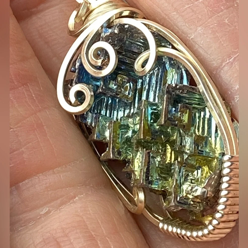 Dragon scale Silver Wire cage wrap pendant rainbow iridescent geo wrap bismuth